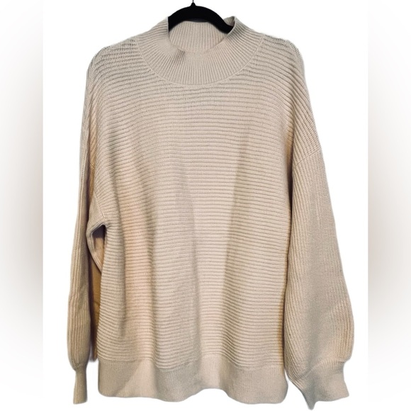 NWOT Mock Neck Ribbed Knit Lantern Sleeve Sweater, Size XL (16/18), Beige - Picture 1 of 8